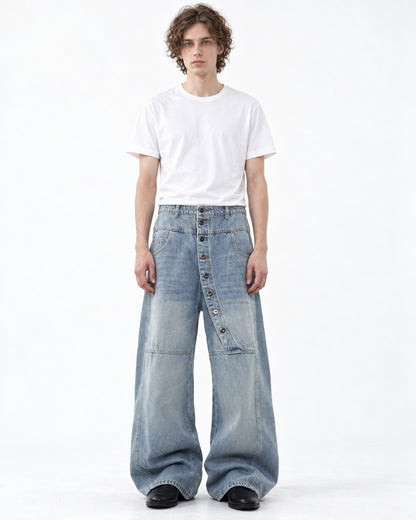 Washed Wide-Leg Jeans with Button Fly