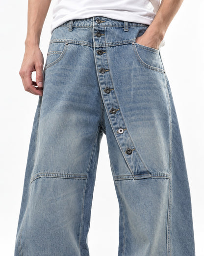 Washed Wide-Leg Jeans with Button Fly