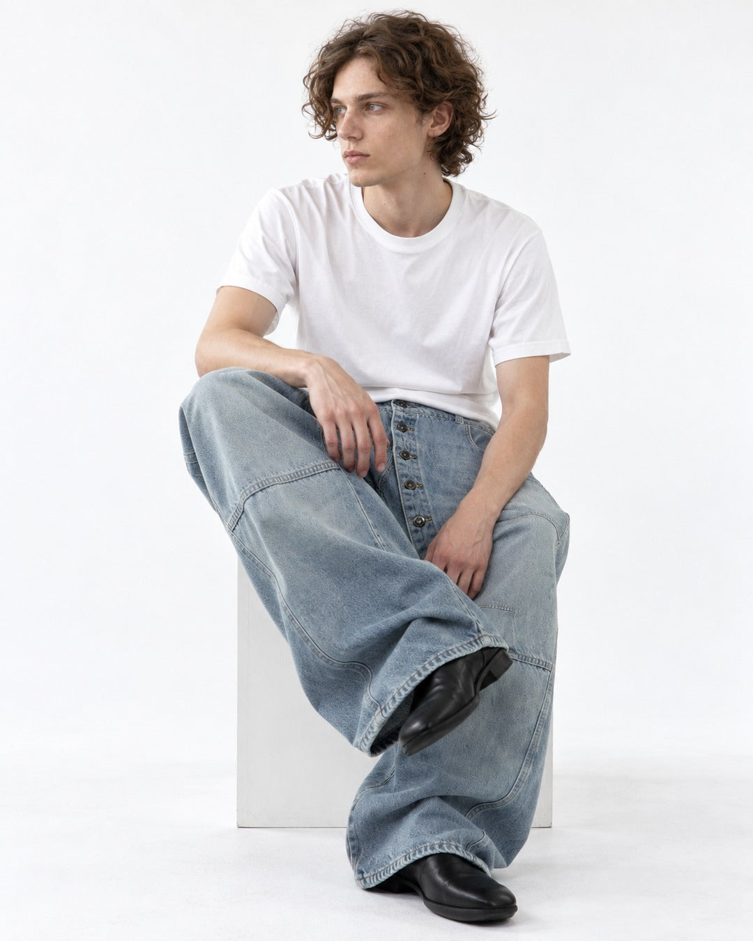 Washed Wide-Leg Jeans with Button Fly