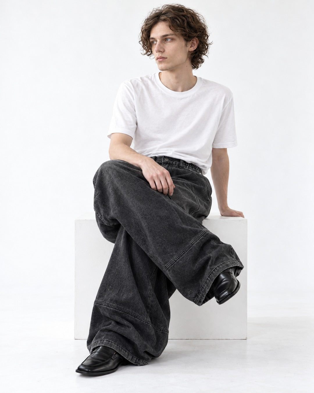 Wide-Leg Washed Denim Pants