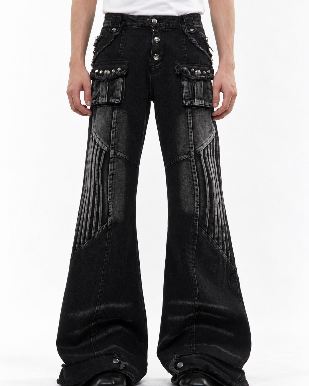 Studded Flared Jeans with Pinstripe Panel