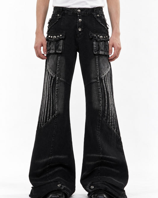 Studded Flared Jeans with Pinstripe Panel