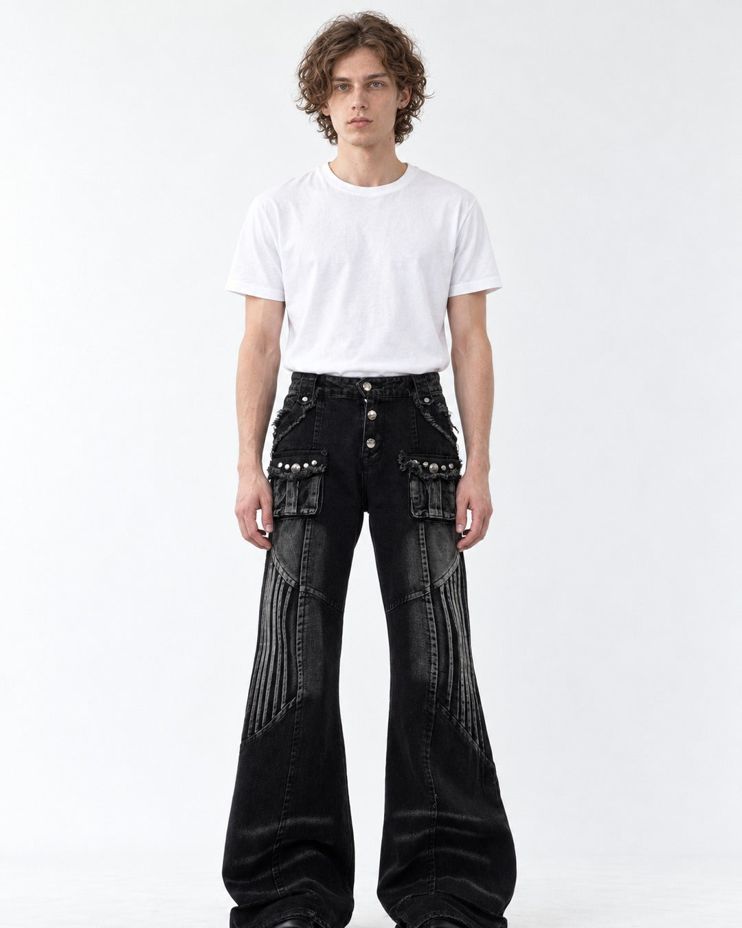 Studded Flared Jeans with Pinstripe Panel