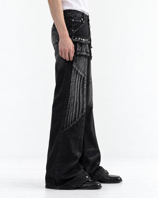 Studded Flared Jeans with Pinstripe Panel