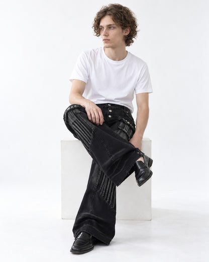 Studded Flared Jeans with Pinstripe Panel