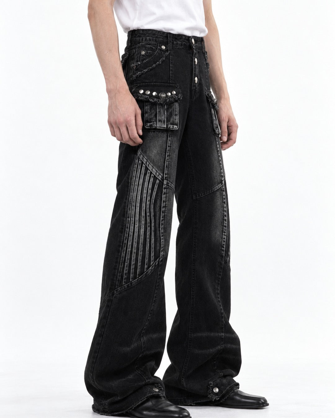 Studded Flared Jeans with Pinstripe Panel