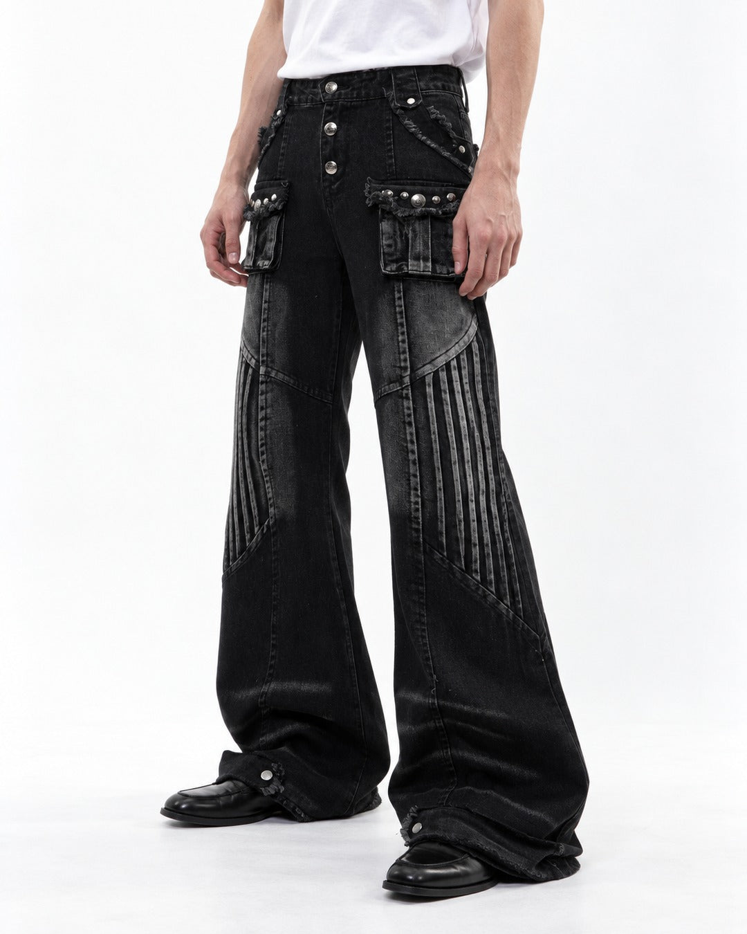 Studded Flared Jeans with Pinstripe Panel