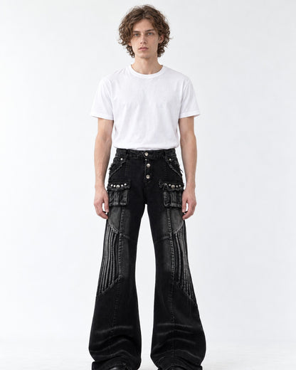 Studded Flared Jeans with Pinstripe Panel