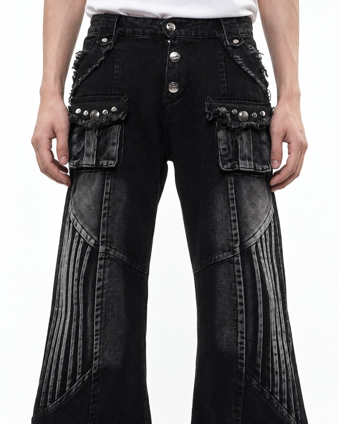 Studded Flared Jeans with Pinstripe Panel