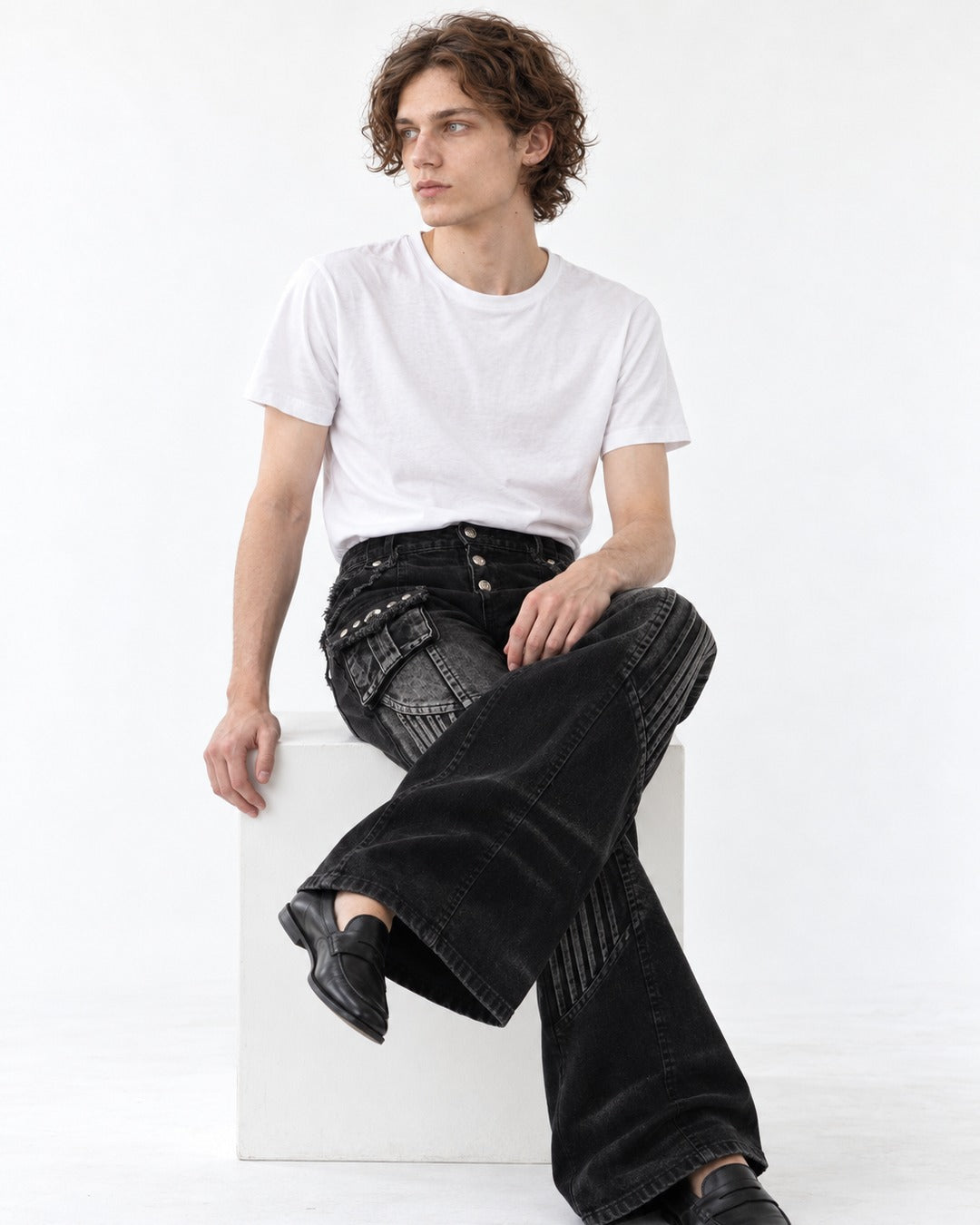 Studded Flared Jeans with Pinstripe Panel