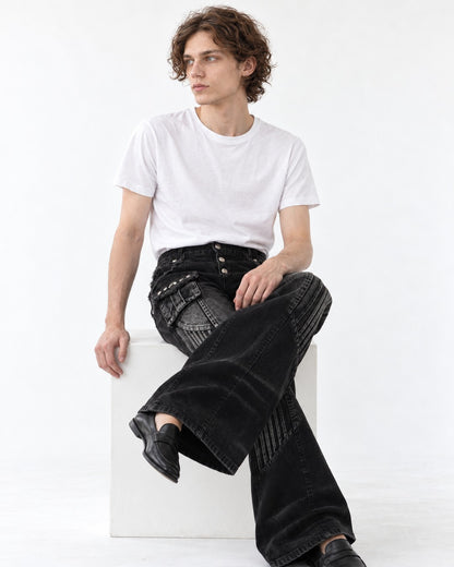 Studded Flared Jeans with Pinstripe Panel