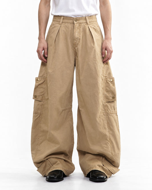 Pleated Patch-Pocket Barrel-Leg Cargo Pants