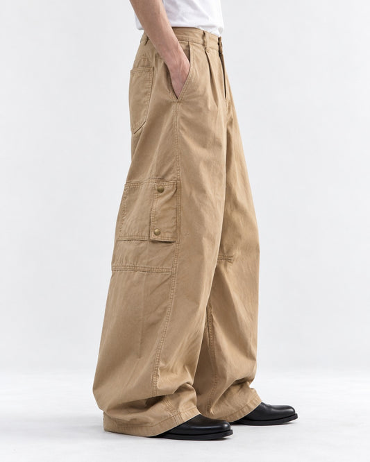 Pleated Patch-Pocket Barrel-Leg Cargo Pants
