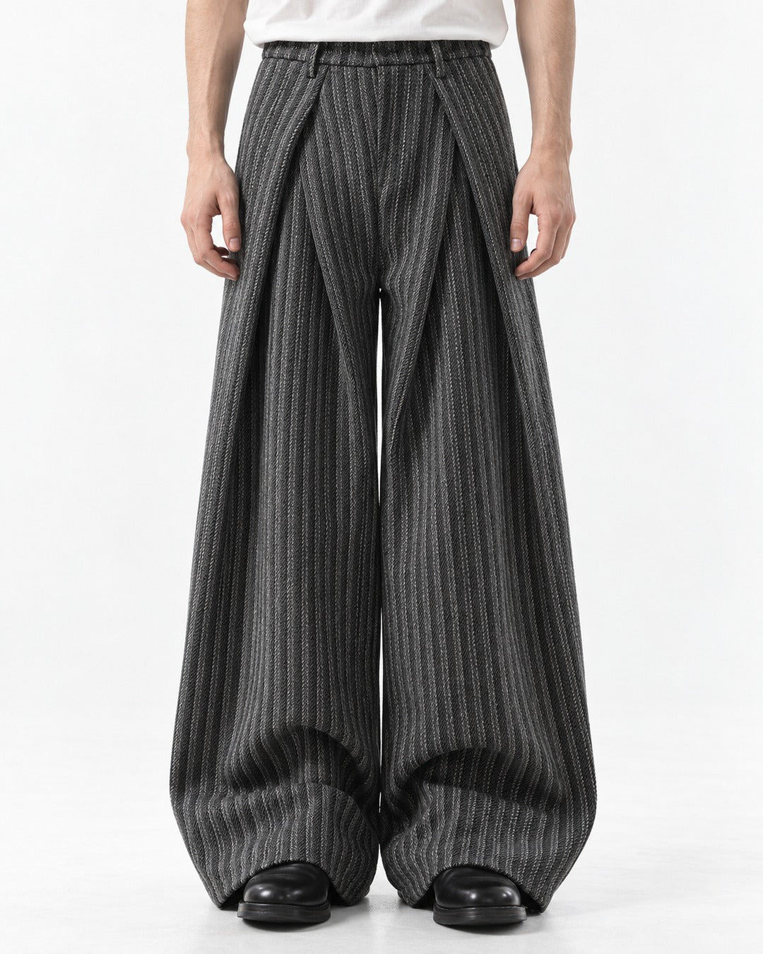 Overlap Front Striped Wide-Leg Trousers