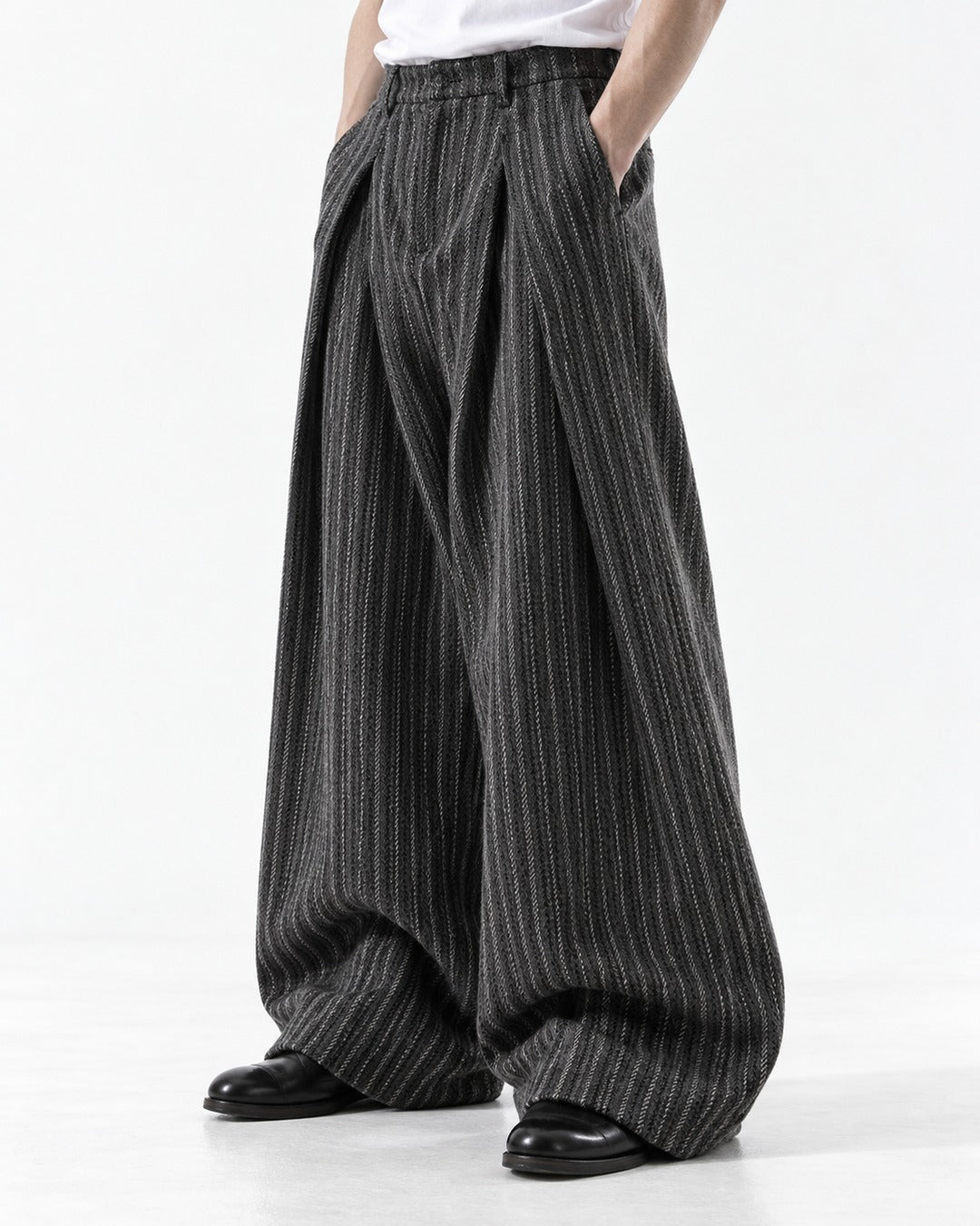 Overlap Front Striped Wide-Leg Trousers