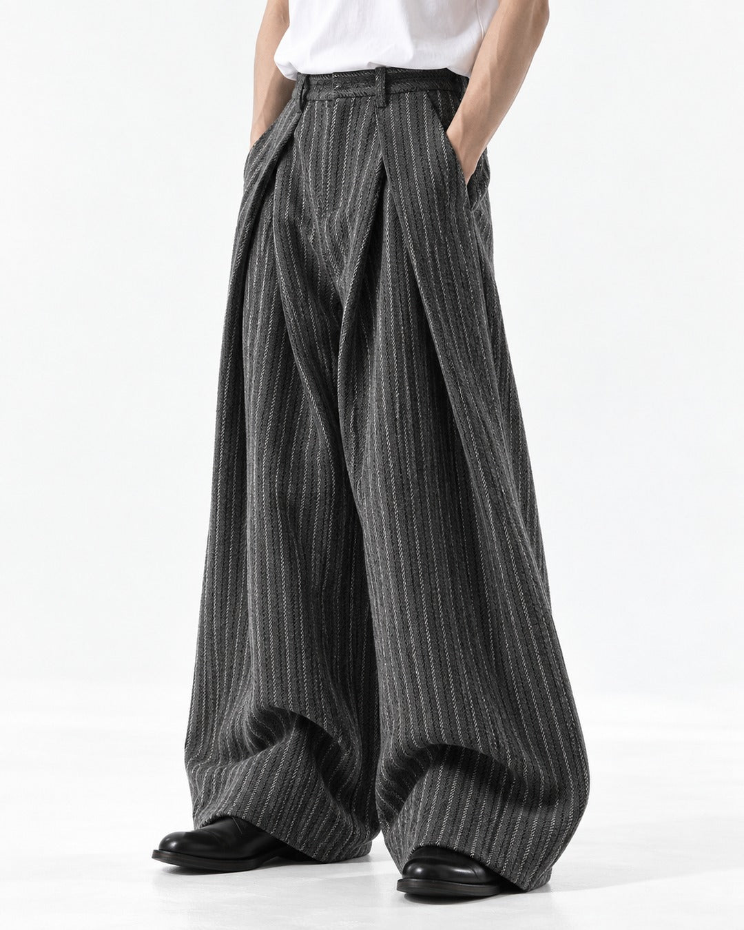 Overlap Front Striped Wide-Leg Trousers