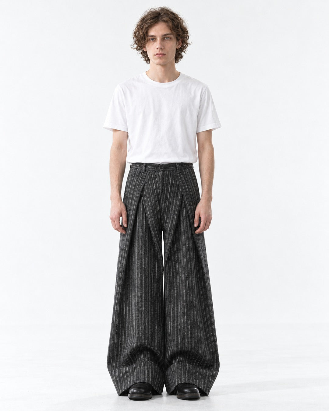 Overlap Front Striped Wide-Leg Trousers