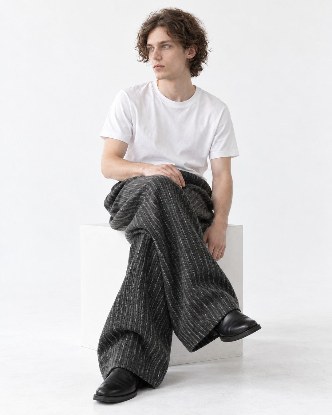 Overlap Front Striped Wide-Leg Trousers