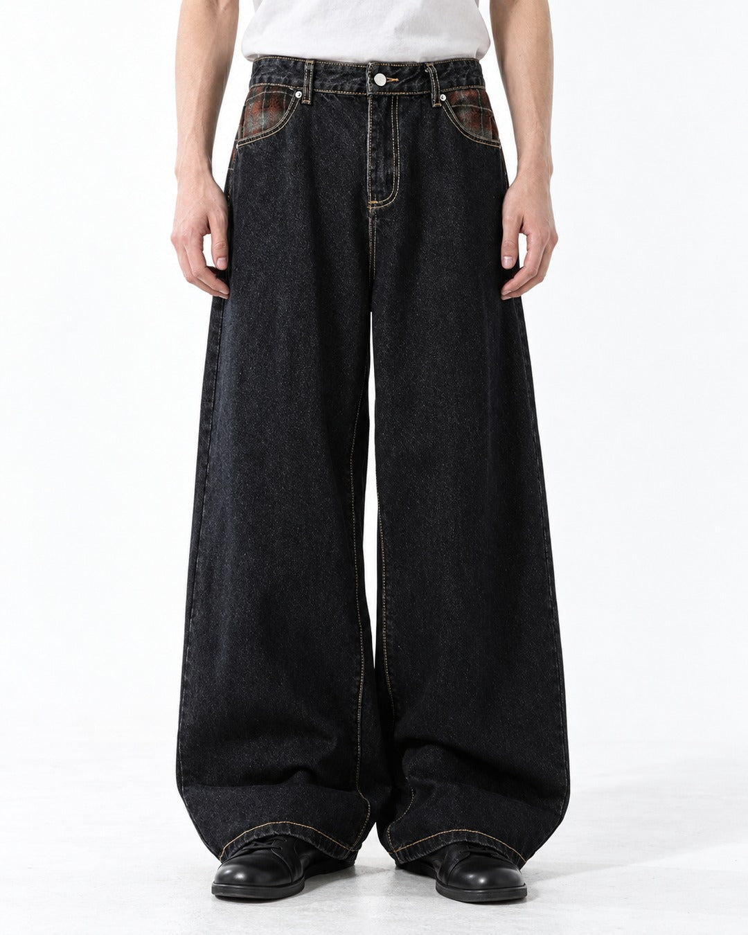 Plaid-Pocket Contrast-Stitch Wide-Leg Jeans