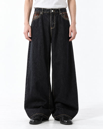Plaid-Pocket Contrast-Stitch Wide-Leg Jeans