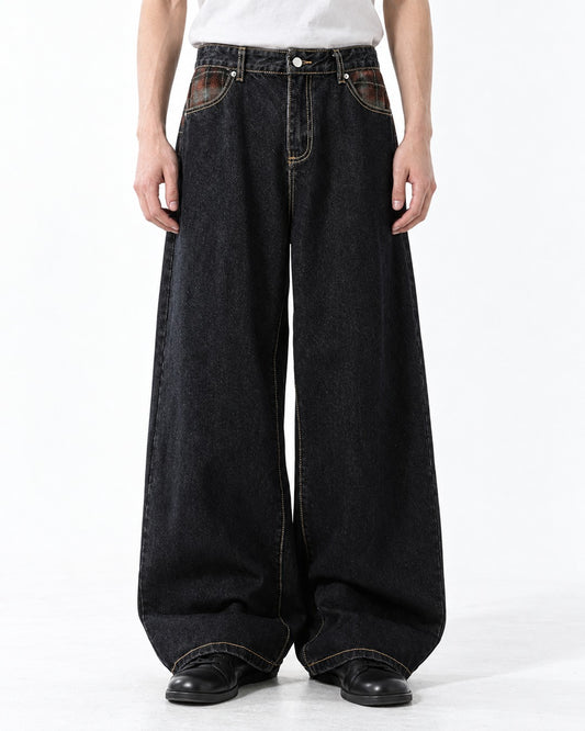 Plaid-Pocket Contrast-Stitch Wide-Leg Jeans