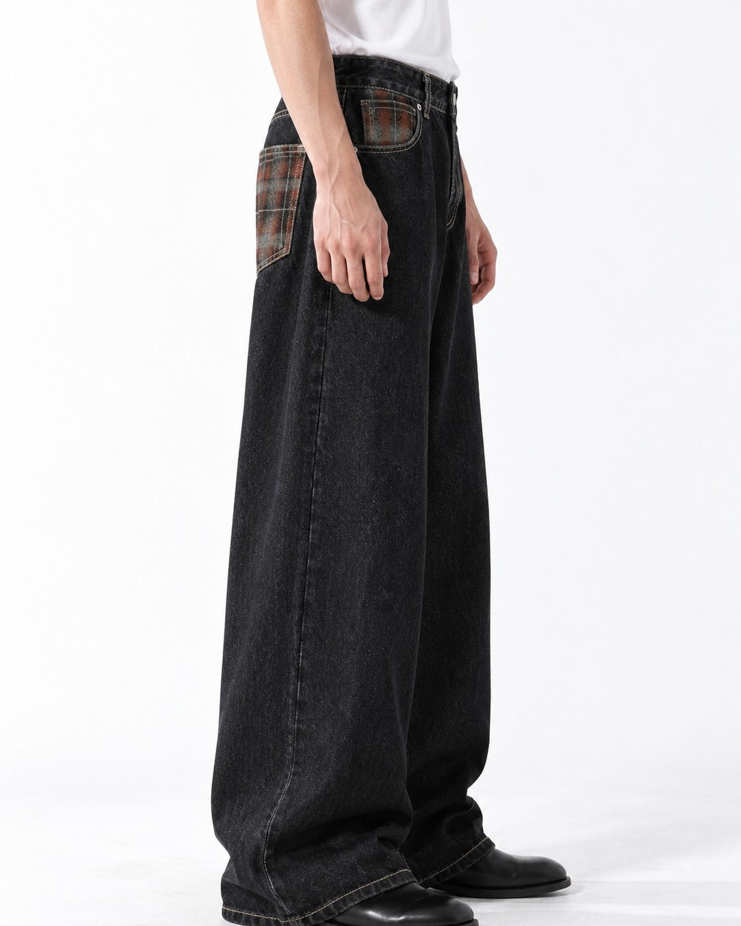 Plaid-Pocket Contrast-Stitch Wide-Leg Jeans