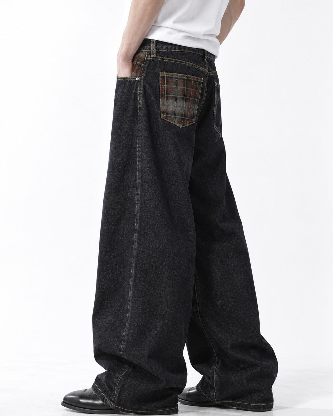 Plaid-Pocket Contrast-Stitch Wide-Leg Jeans