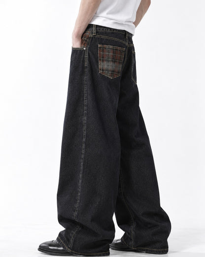 Plaid-Pocket Contrast-Stitch Wide-Leg Jeans