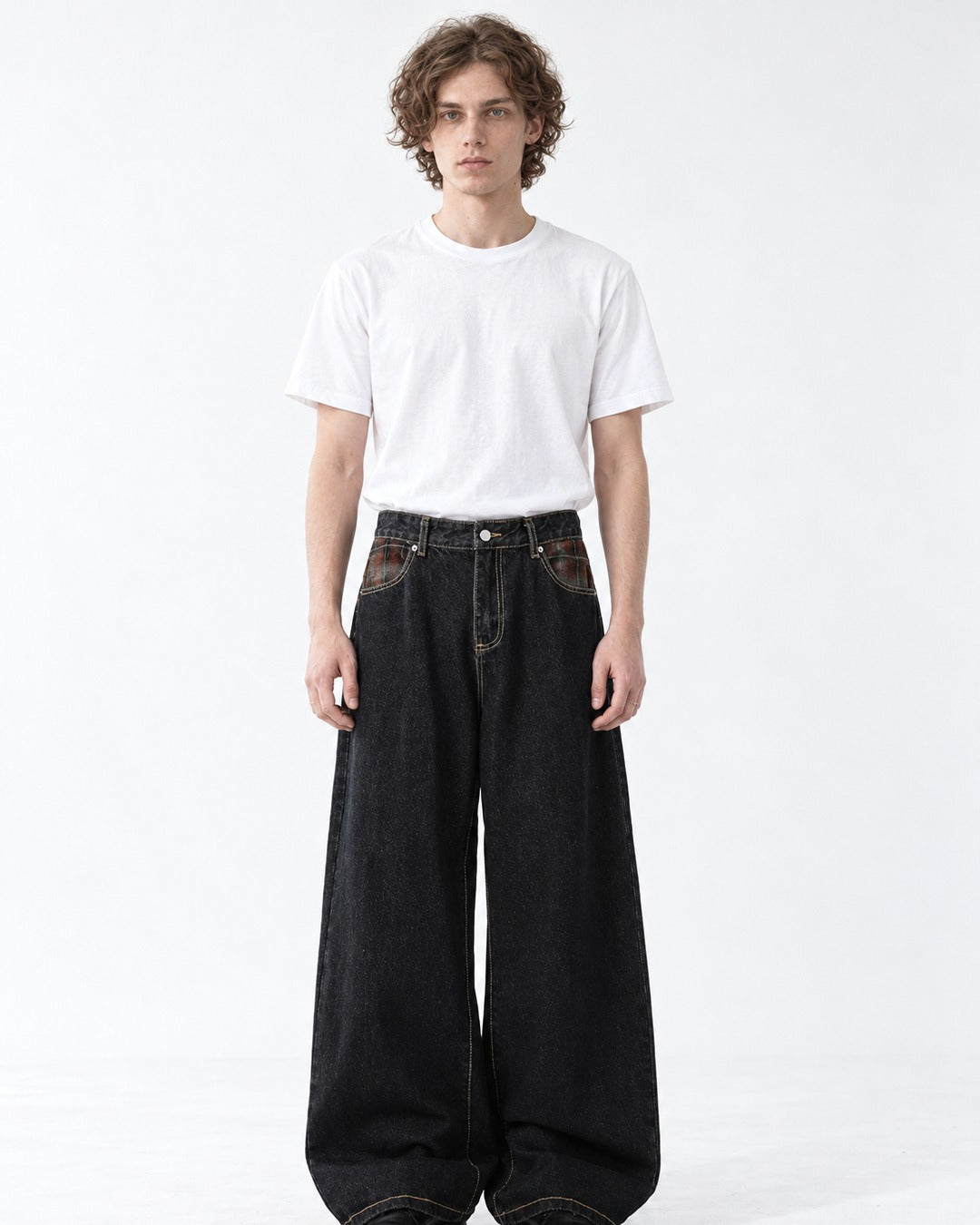Plaid-Pocket Contrast-Stitch Wide-Leg Jeans