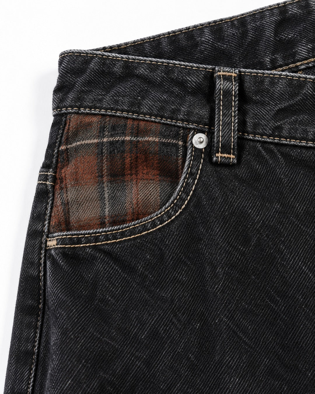 Plaid-Pocket Contrast-Stitch Wide-Leg Jeans