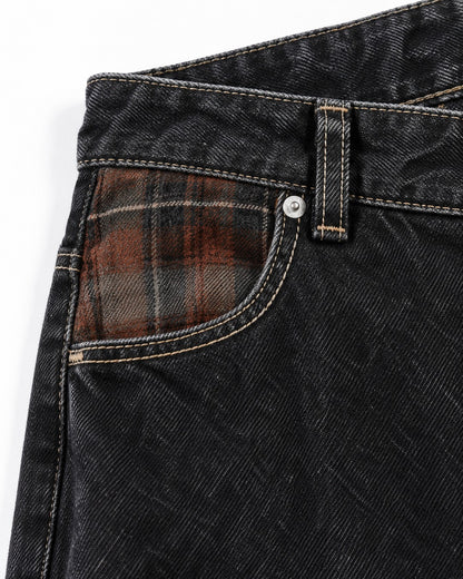 Plaid-Pocket Contrast-Stitch Wide-Leg Jeans