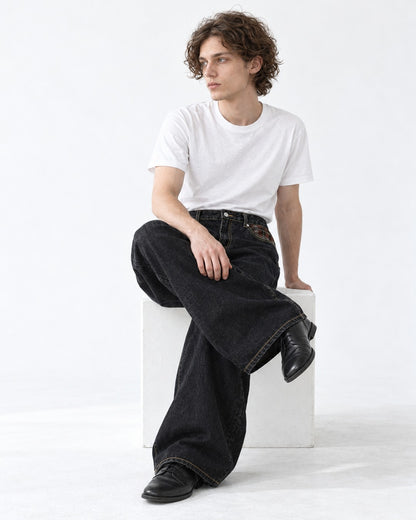 Plaid-Pocket Contrast-Stitch Wide-Leg Jeans