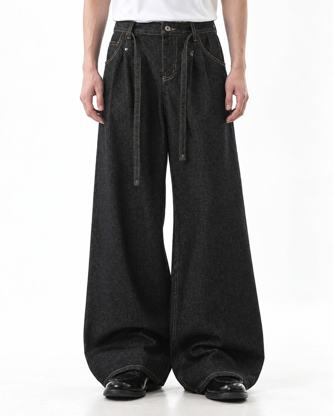 Hanging Lace-Tie Wide-Leg Jeans