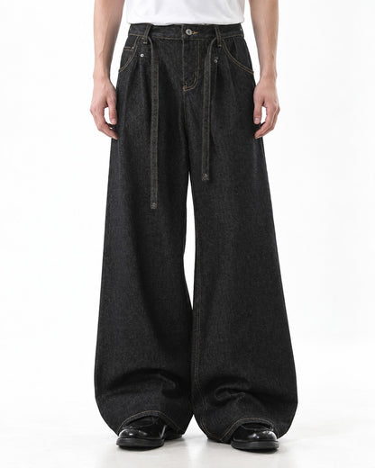 Hanging Lace-Tie Wide-Leg Jeans