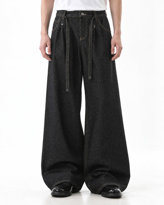 Hanging Lace-Tie Wide-Leg Jeans