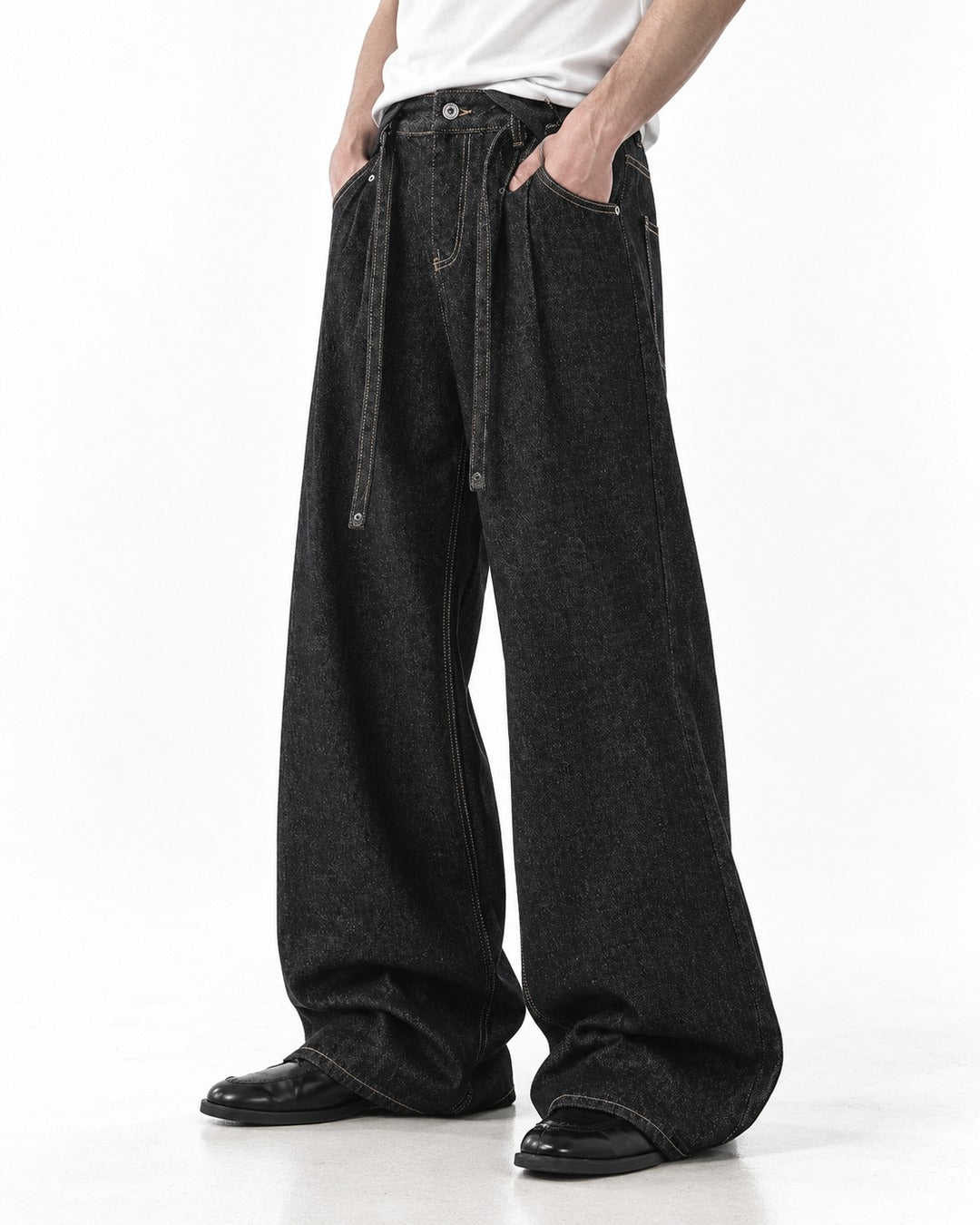 Hanging Lace-Tie Wide-Leg Jeans