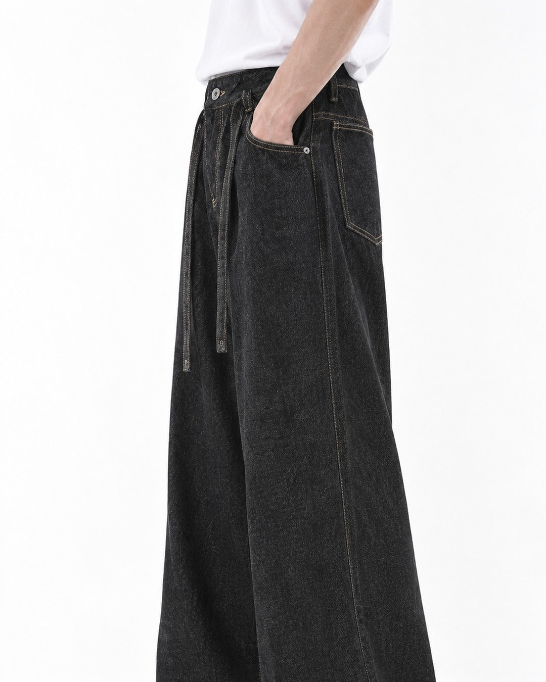 Hanging Lace-Tie Wide-Leg Jeans