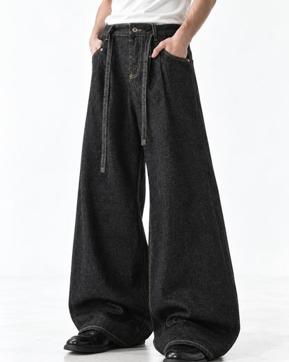 Hanging Lace-Tie Wide-Leg Jeans