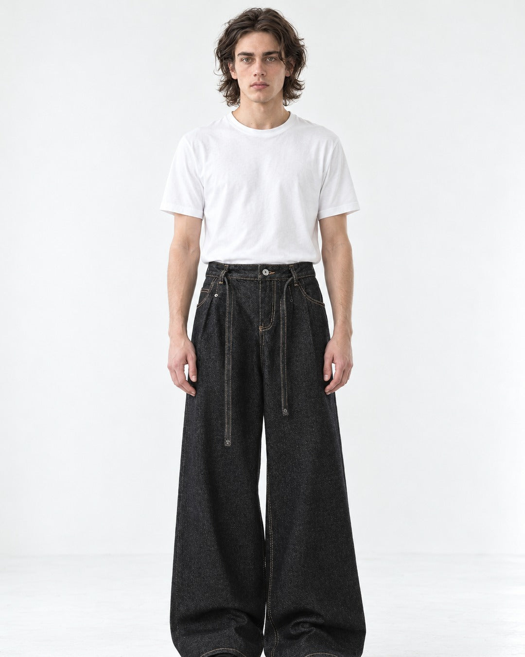 Hanging Lace-Tie Wide-Leg Jeans