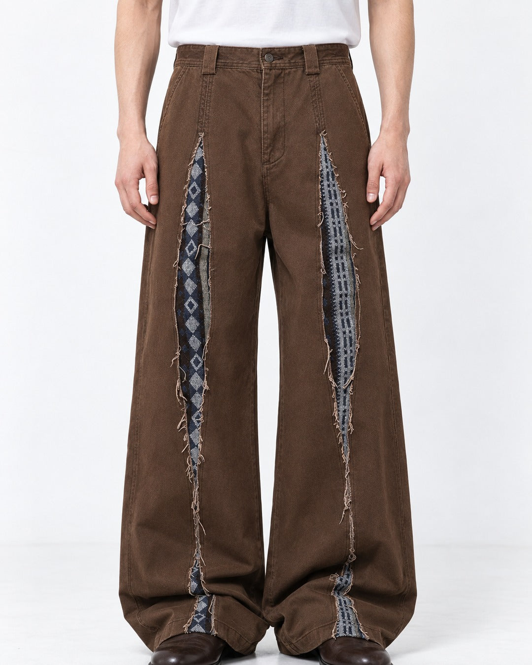 Slashed Contrast-Patch Wide-Leg Pants