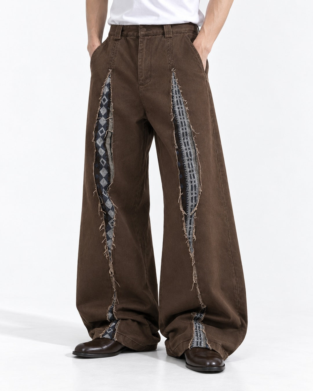Slashed Contrast-Patch Wide-Leg Pants