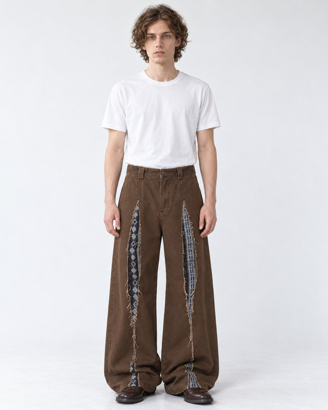 Slashed Contrast-Patch Wide-Leg Pants