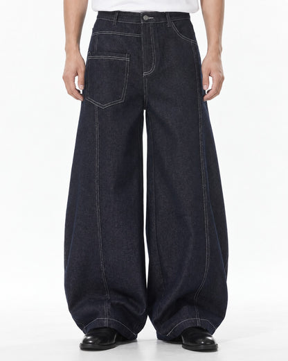 Topstitched Patch-Pocket Balloon Jeans