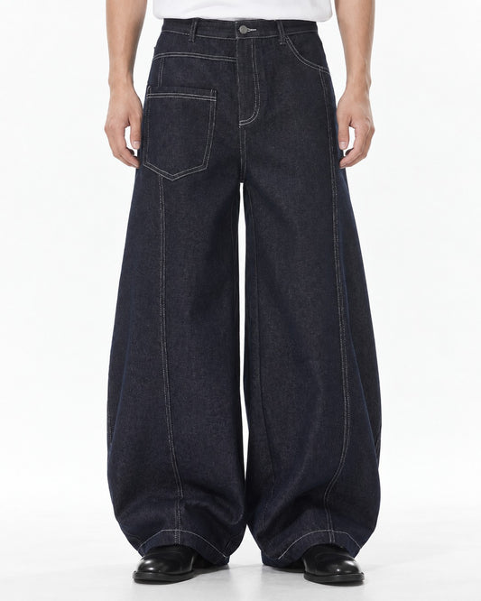 Topstitched Patch-Pocket Balloon Jeans