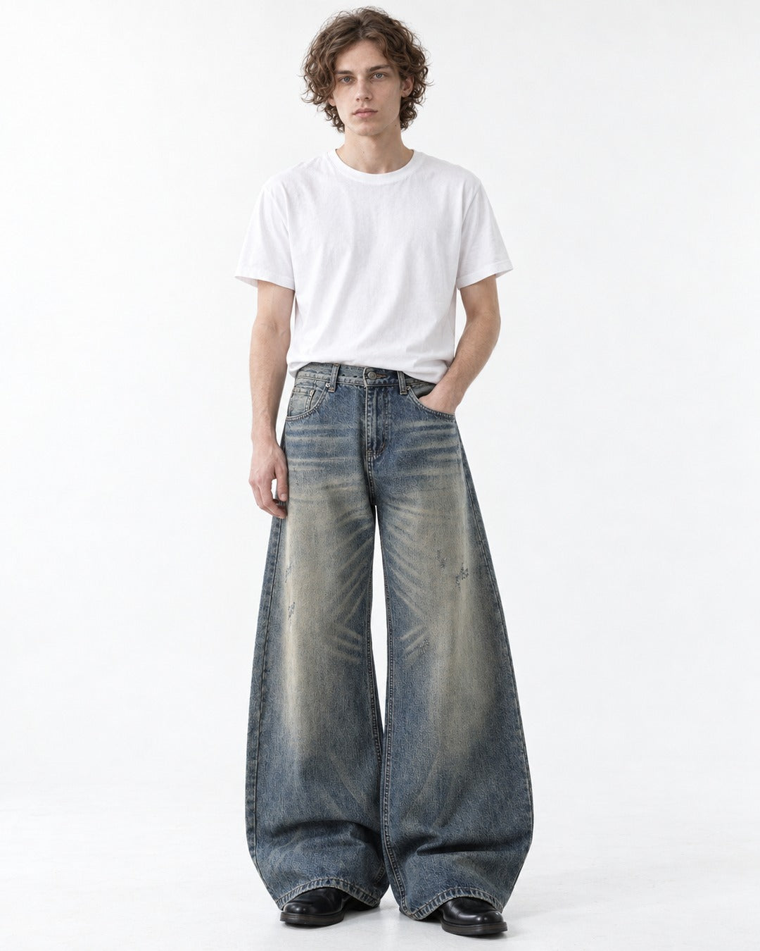 Distressed-Wash Wide-Leg Jeans
