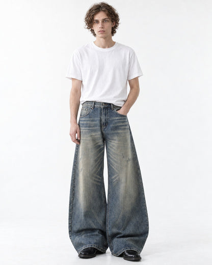 Distressed-Wash Wide-Leg Jeans