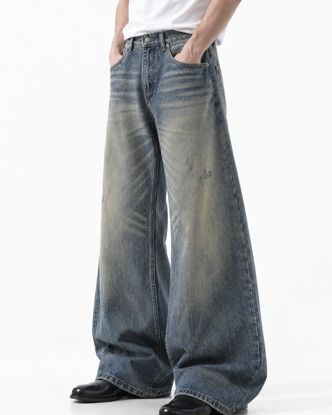 Distressed-Wash Wide-Leg Jeans
