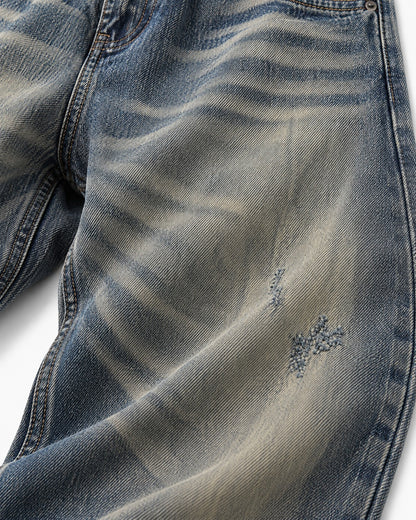Distressed-Wash Wide-Leg Jeans