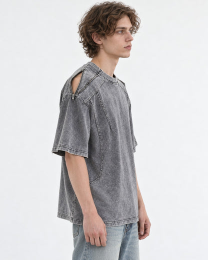 Washed Tee with Dropped Seam Sleeve