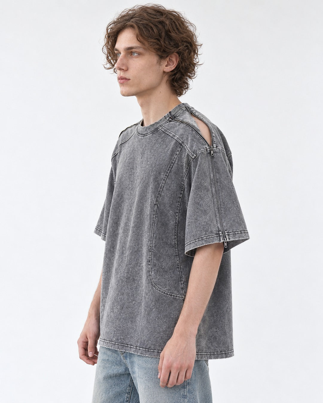 Washed Tee with Dropped Seam Sleeve